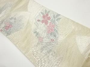 紗 銀糸扇に花々・流水模様織出し袋帯